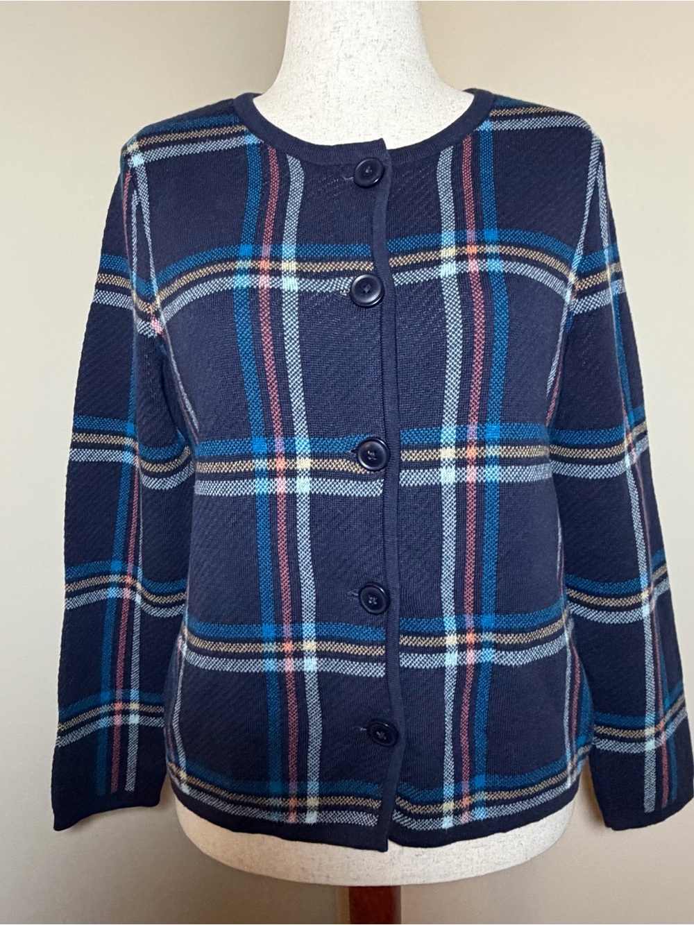 Talbots Women’s Medium Petite Navy Plaid Cardigan Sweater Button Front Cotton